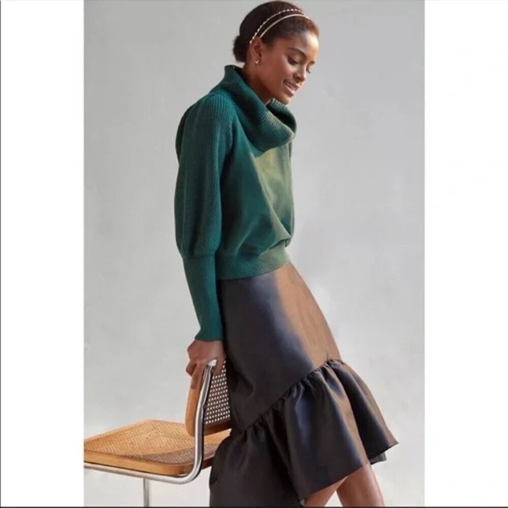 Anthropologie Dolan Cowl Neck Sweater Size Large Green Pullover Puff Sleeve
